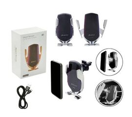 Автодержатель с беспроводной зарядкой QI 15W и автоматической фиксацией телефона R1 серебристый - Сервис Плюс Рус