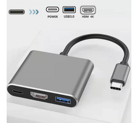 Переходник 3 in 1 USB Type C Hub адаптер USB 3.0 / HDMI 4K / Type-C Power (Серый) - Сервис Плюс Рус