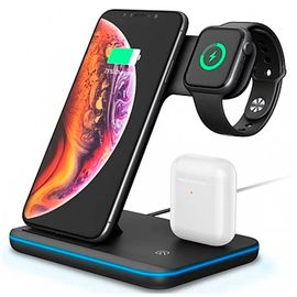 Беспроводное зарядное устройство для телефонов Apple iPhone, Samsung, Huawei, смарт часов Apple Watch / Беспроводная зарядка для наушников AirPods и AirPods Pro / Док-станция 3 в 1 с Быстрой зарядкой 15W и подсветкой по периметру - Сервис Плюс Рус