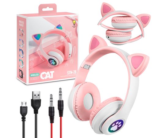 Беспроводные Bluetooth наушники STN-28 с кошачьими Светящимися ушками, розовый - Сервис Плюс Рус