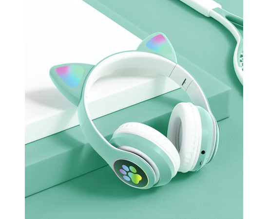 Беспроводные Bluetooth наушники STN-28 с кошачьими Светящимися ушками, бирюзовый - Сервис Плюс Рус