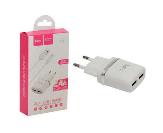 СЗУ Lightning на 2 USB 2.4A C12 HOCO белое - Сервис Плюс Рус