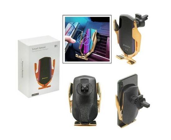 Автодержатель с беспроводной зарядкой QI 15W и автоматической фиксацией телефона R1 золото - Сервис Плюс Рус