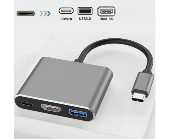 Переходник 3 in 1 USB Type C Hub адаптер USB 3.0 / HDMI 4K / Type-C Power (Серый) - Сервис Плюс Рус