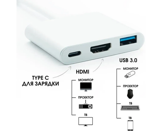 Переходник 3 in 1 USB Type C Hub адаптер USB 3.0 / HDMI 4K / Type-C Power (Белый) - Сервис Плюс Рус