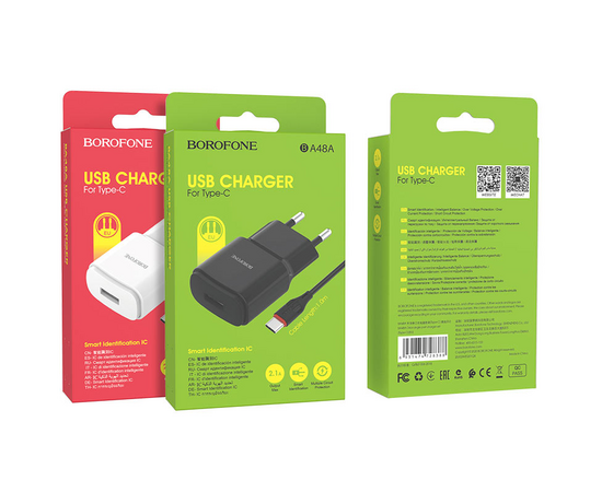 СЗУ BA48A + кабель Type-C на USB 2.1A Borofone (EU) белый - Сервис Плюс Рус